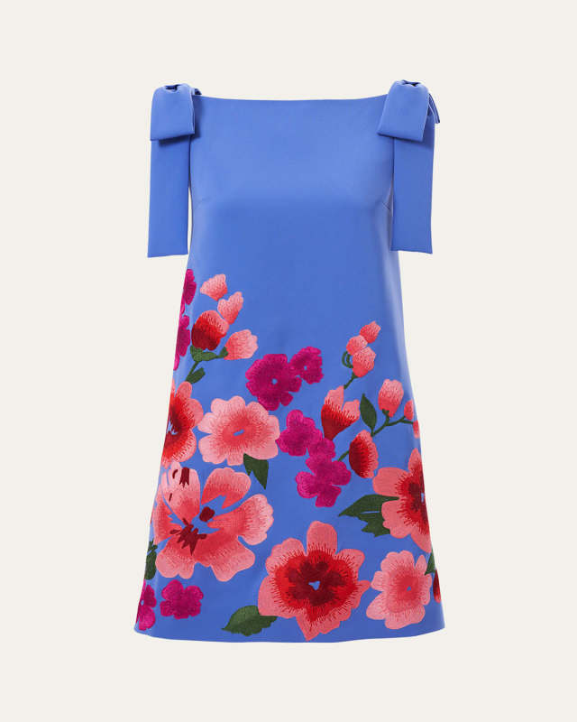 Floral-Embroidered Bow Sleeveless Mini Shift Dress